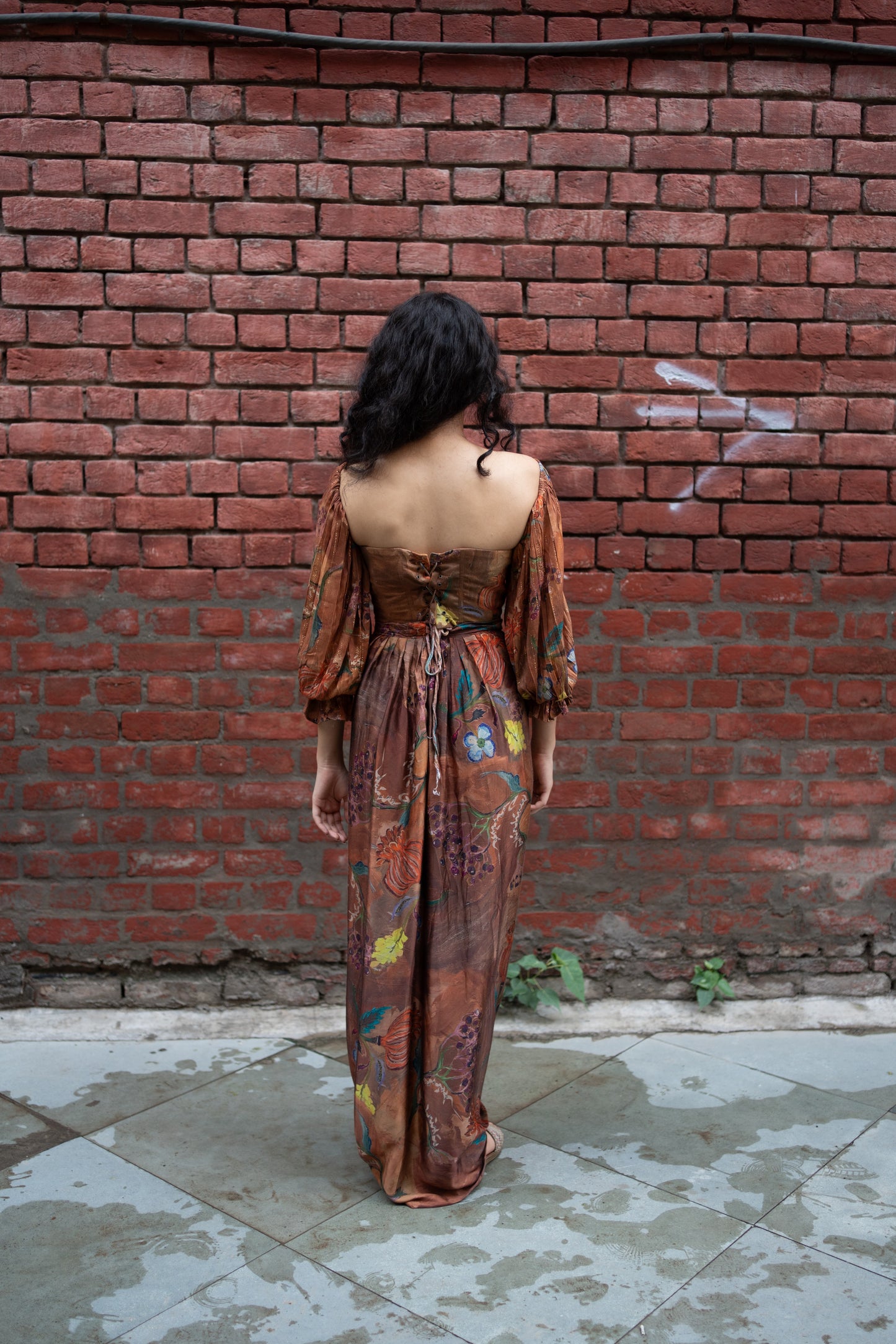 Brown Floral Corset with Sleeves & Draped Dhoti Skirt