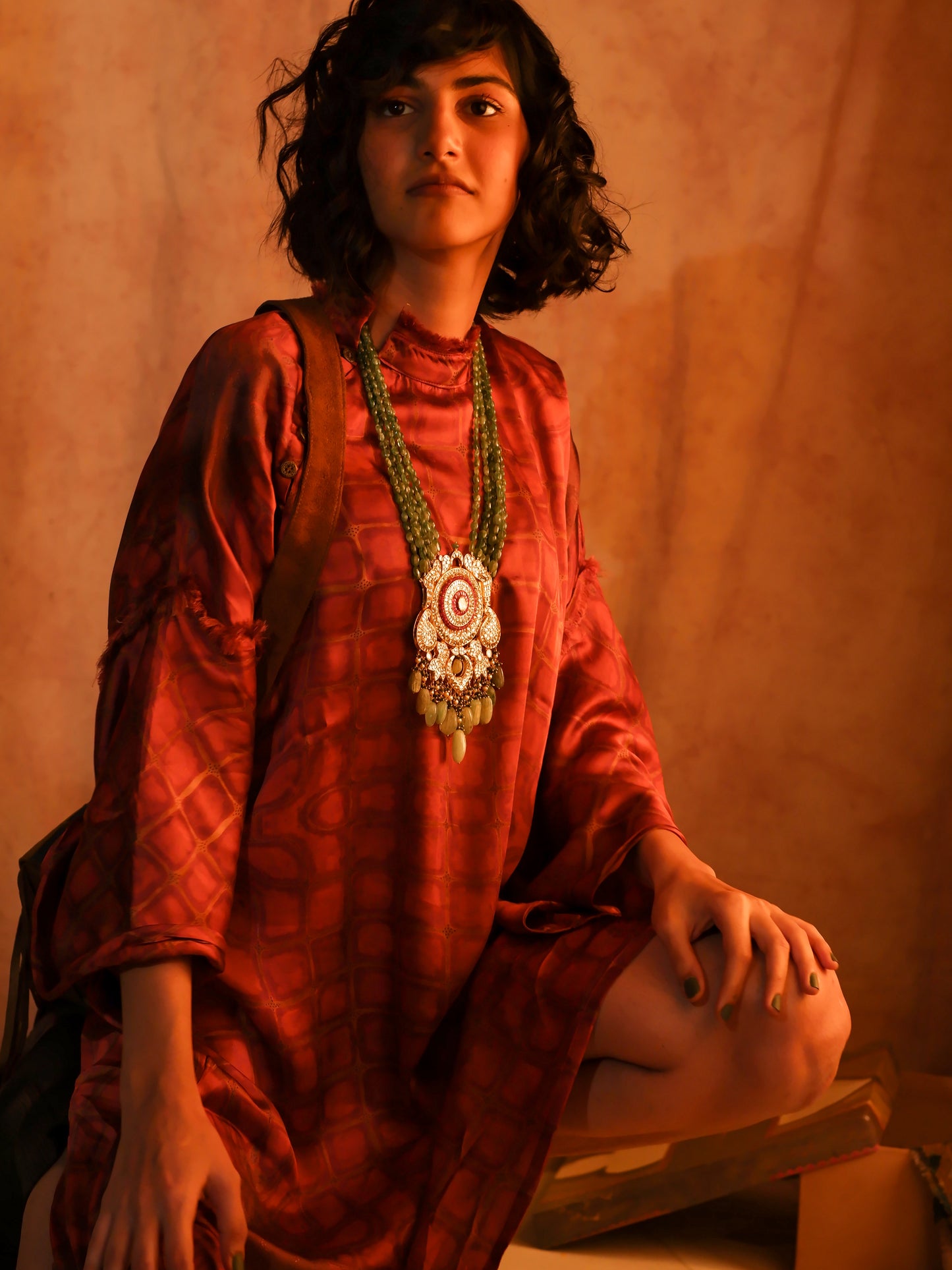 Rust checkered print chinese collar dress