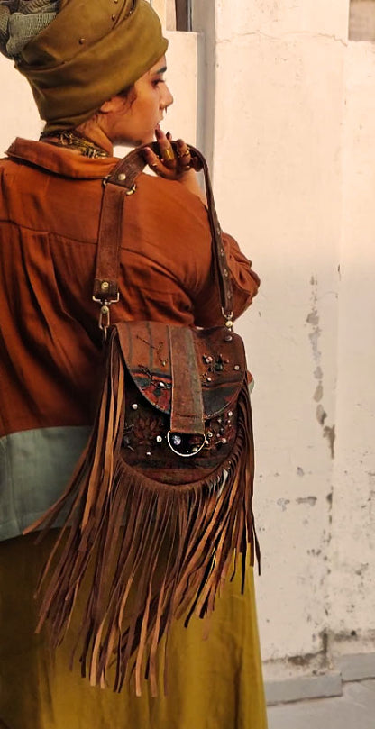 Brown embroidered saddle bag with fringes