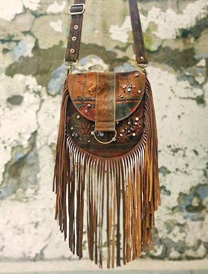 Brown embroidered saddle bag with fringes