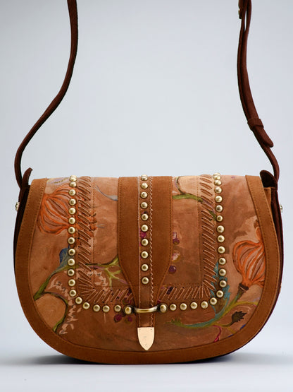 Brown Floral Studded Saddle Bag