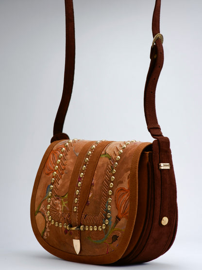 Brown Floral Studded Saddle Bag