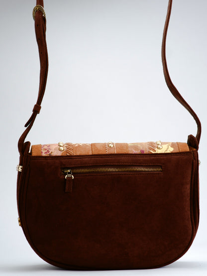 Brown Floral Studded Saddle Bag