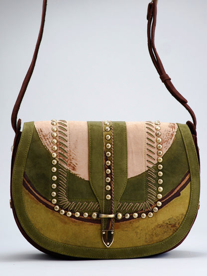 Green Card Print Studded Saddle Bag