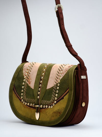 Green Card Print Studded Saddle Bag