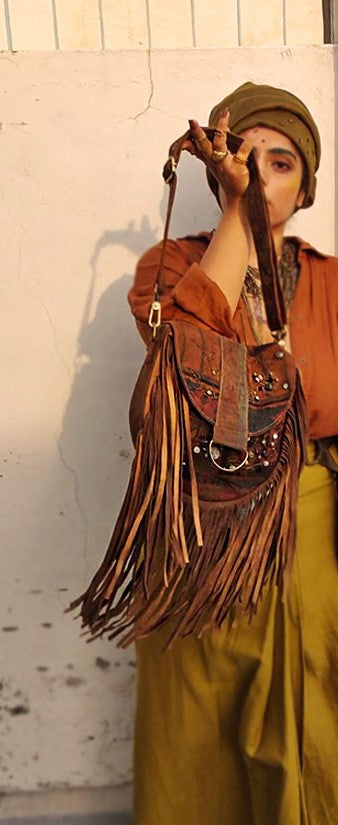 Brown embroidered saddle bag with fringes