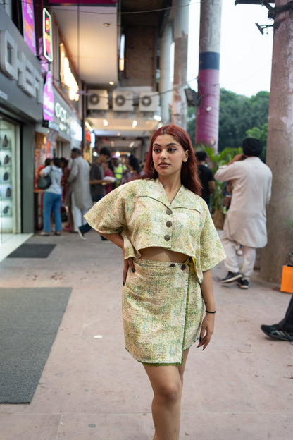 Splatter Print Big Collar Shirt & Mini Wrap Skirt