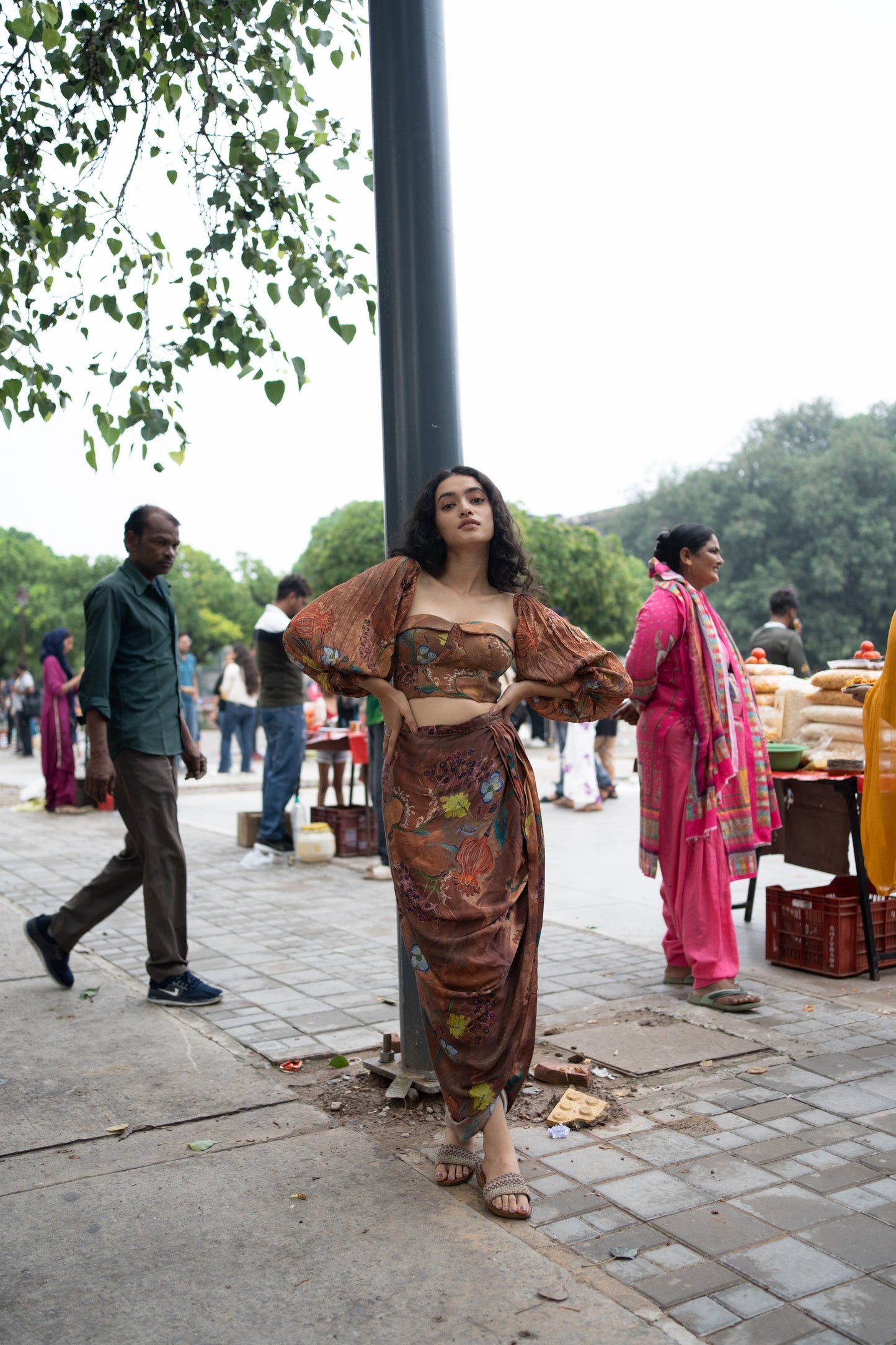 Brown Floral Corset with Sleeves & Draped Dhoti Skirt