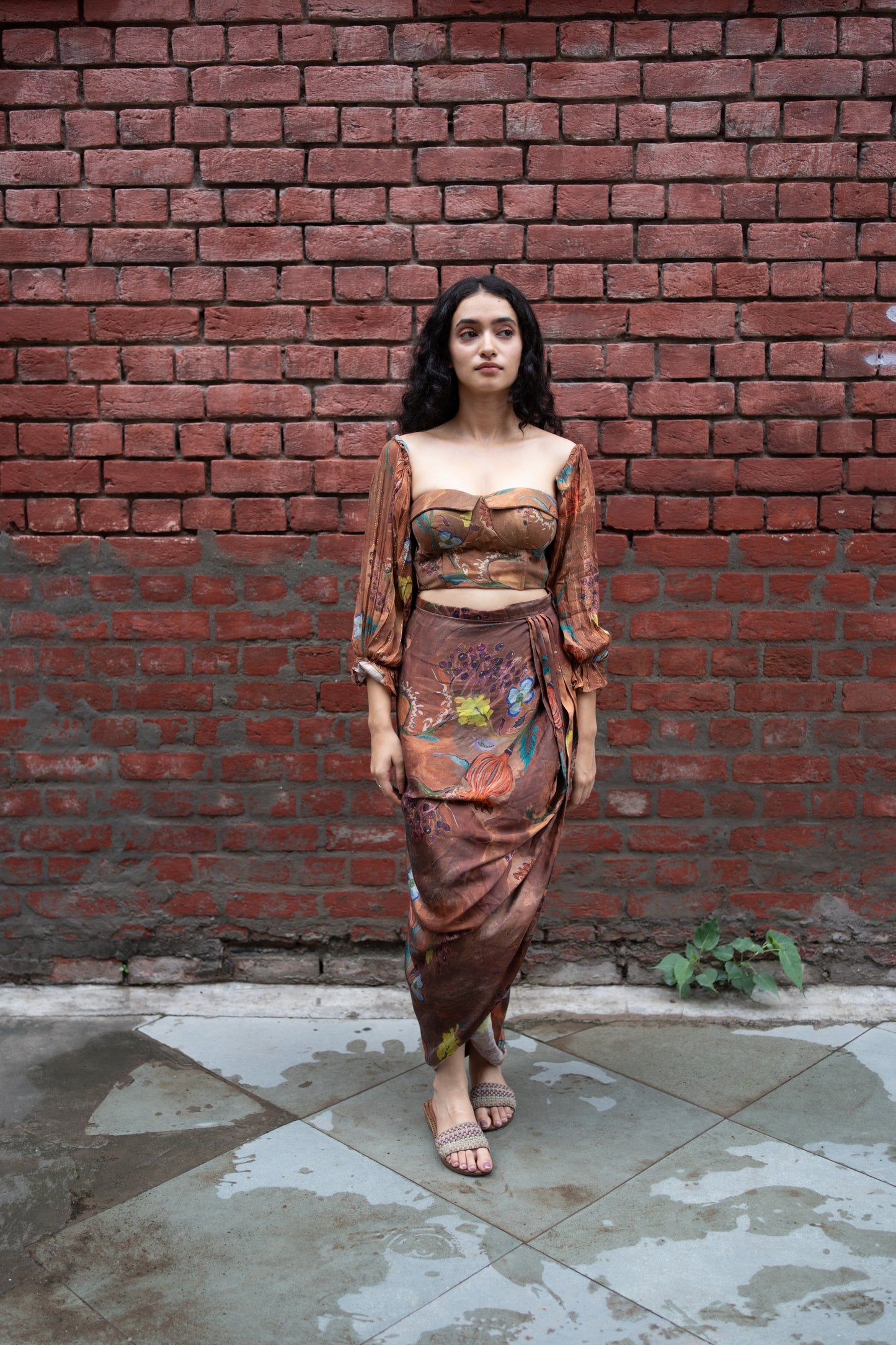 Brown Floral Corset with Sleeves & Draped Dhoti Skirt