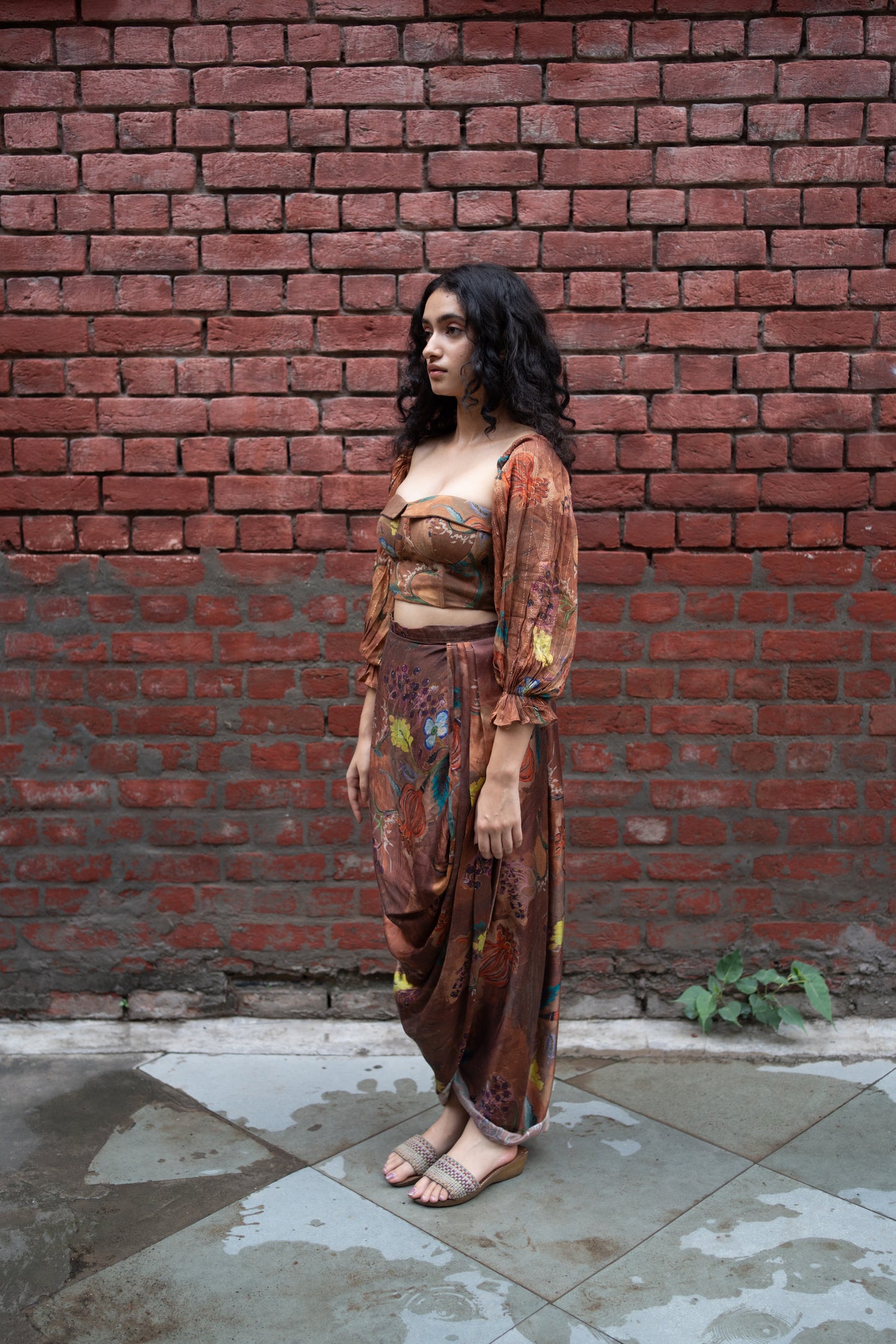 Brown Floral Corset with Sleeves & Draped Dhoti Skirt