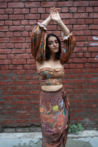 Brown Floral Corset with Sleeves & Draped Dhoti Skirt