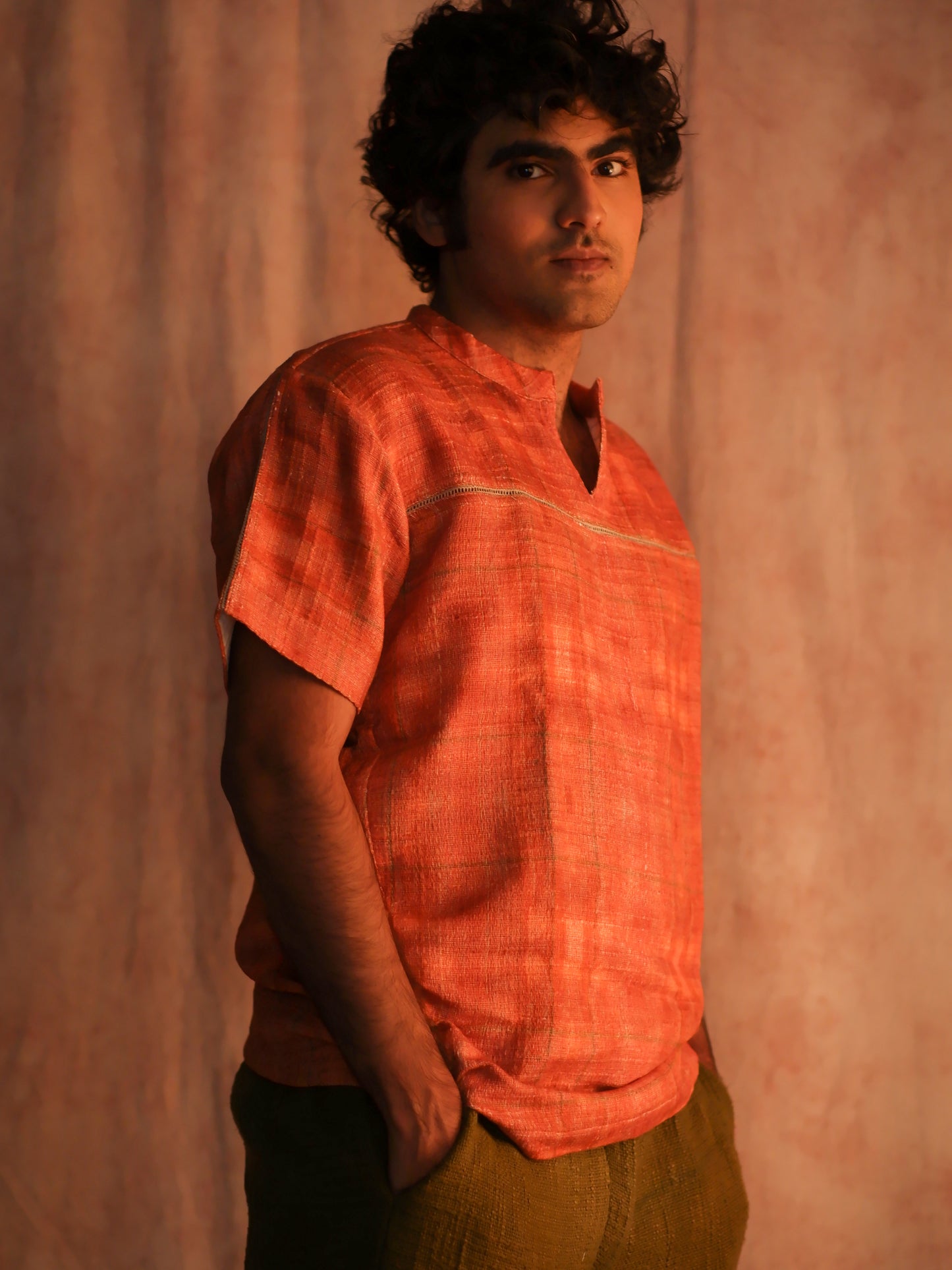 Tangerine tiny checks short kurta