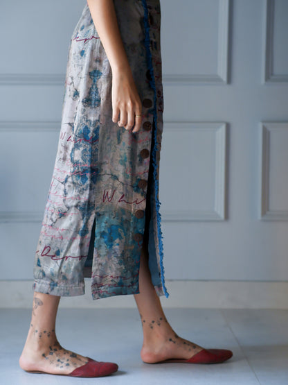 River print wrap button down long skirt