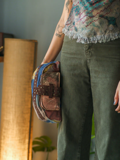 Semi circle maroon studded flap fanny waist bag