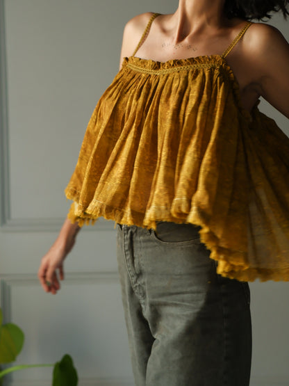 Mustard Flare sling crop top with fray edge