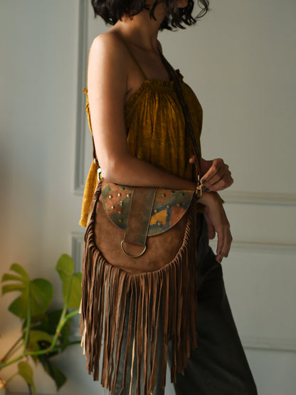 Brown printed sequin saddle bag with fringes