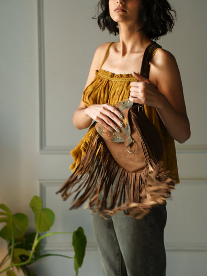 Brown printed sequin saddle bag with fringes