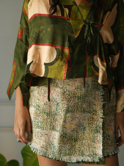 Sap green spade card print short wrap kimono