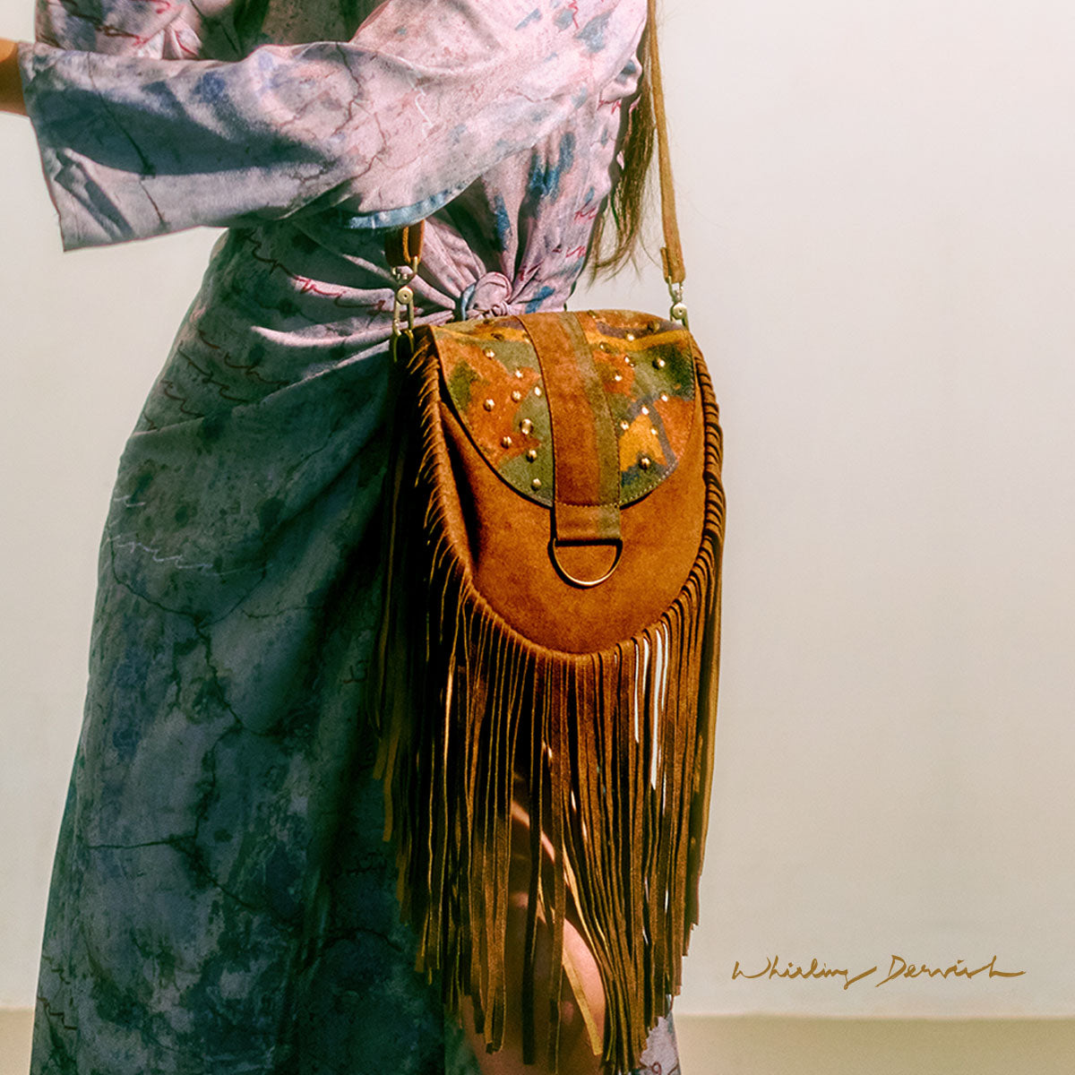 Brown printed sequin saddle bag with fringes