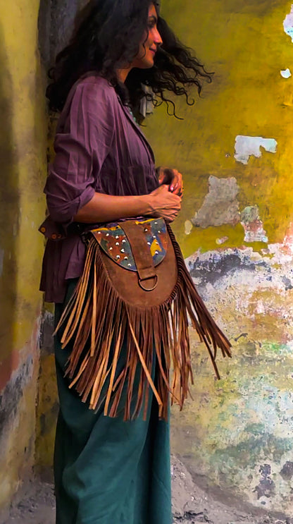 Brown printed sequin saddle bag with fringes