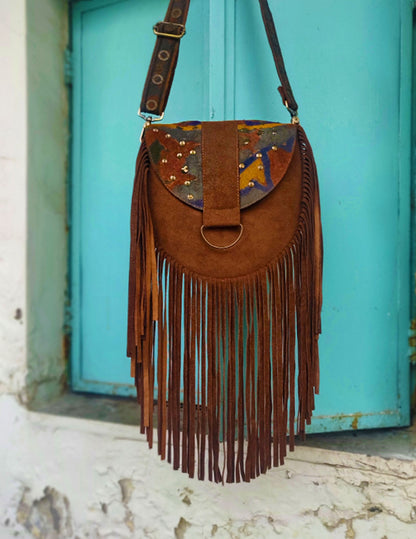 Brown printed sequin saddle bag with fringes