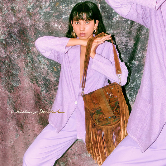 Brown embroidered saddle bag with fringes