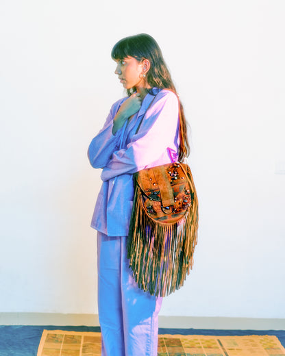 Brown embroidered saddle bag with fringes