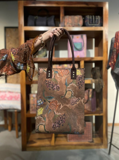 Brown Floral Portrait Tote Bag