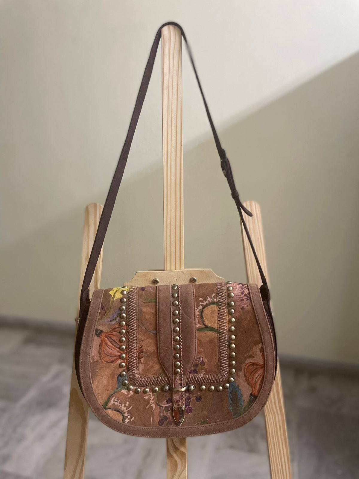 Brown Floral Studded Saddle Bag